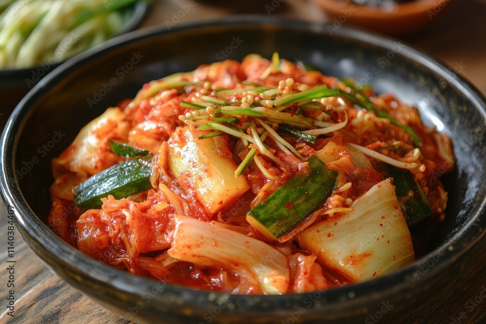 Top view of kimchi cucumber and mung bean sprout salad Top view of kimchi cucumber and mung bean sprout salad