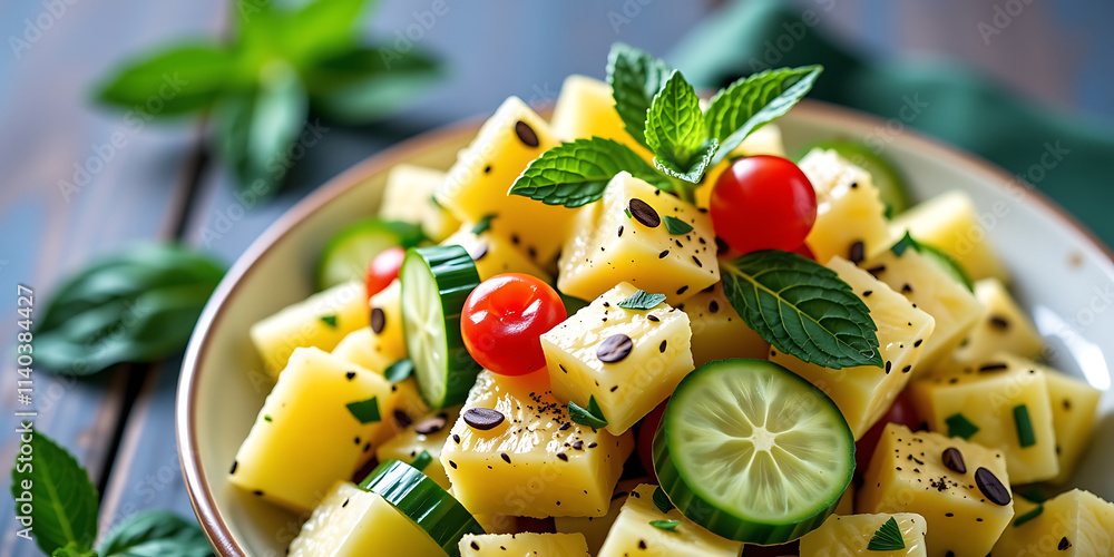 custom made wallpaper toronto digitalPineapple and Cucumber Salad - A refreshing salad of sweet pineapple crisp cucumber and fresh mint. backdrop background digital art crisp oilpinting minimalist sharp details funny background copyspa