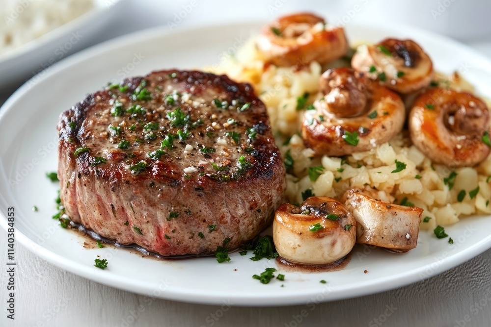 Grilled Steak Served with Mashed Potatoes and Mushrooms Grilled Steak Served with Mashed Potatoes and Mushrooms