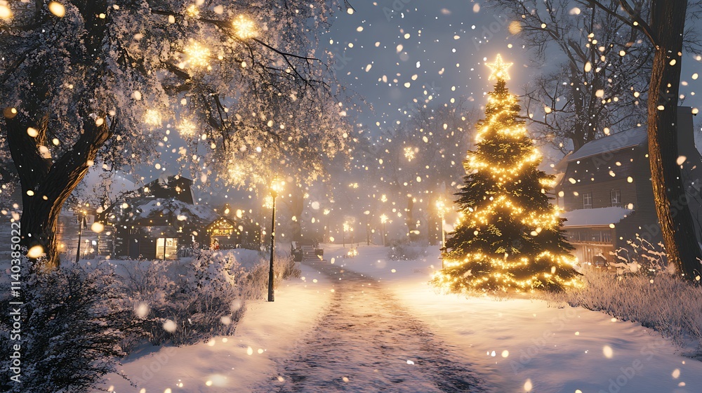 Snowy path leading to a decorated Christmas tree in a winter village Snowy path leading to a decorated Christmas tree in a winter village