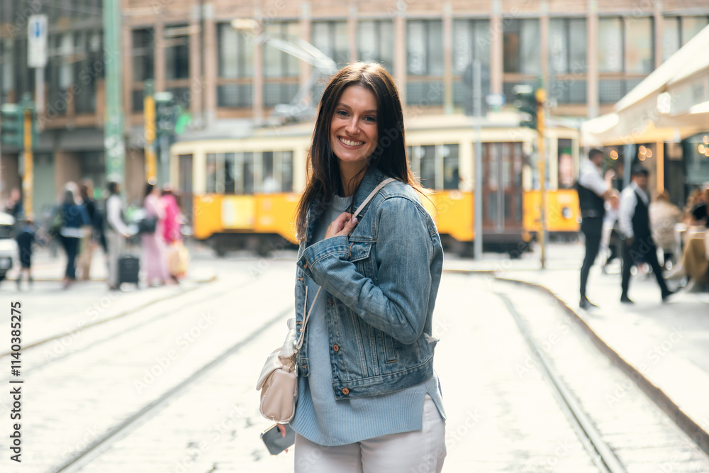 Smiling attractive woman posing while looking at camera in the middle of the street Smiling attractive woman posing while looking at camera in the middle of the street