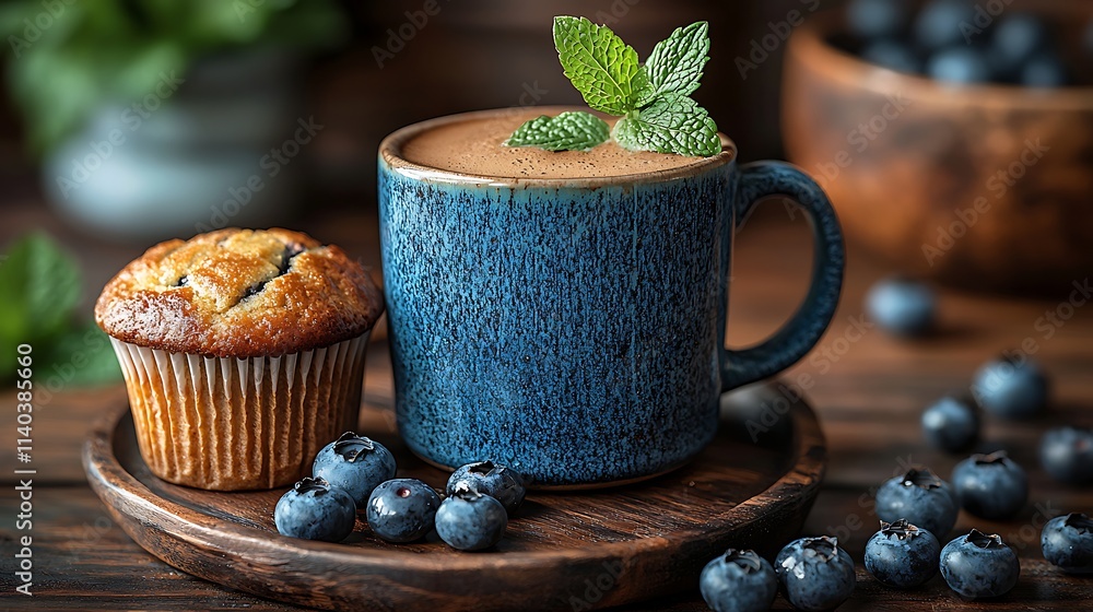 Savor rich mocha mousse with fresh blueberries rustic table setting cozy blue mug inviting atmosphere delightful dessert experience Savor rich mocha mousse with fresh blueberries rustic table setting cozy blue mug inviting atmosphere delightful dessert experience