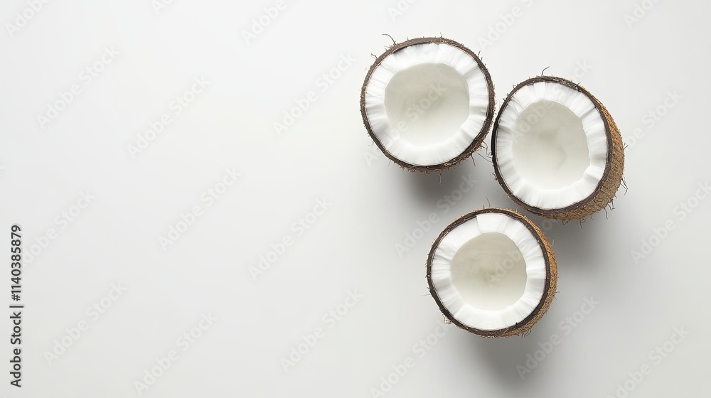Fresh coconut meat displayed alongside a halved coconut, placed on a plain white background, ideal for food imagery Fresh coconut meat displayed alongside a halved coconut, placed on a plain white background, ideal for food imagery