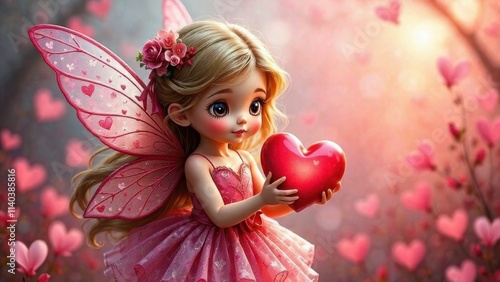 Cute magical fairy holding a heart in her hands for valentine's day, love concept, valentine's day, wallpaper, valentine's day card