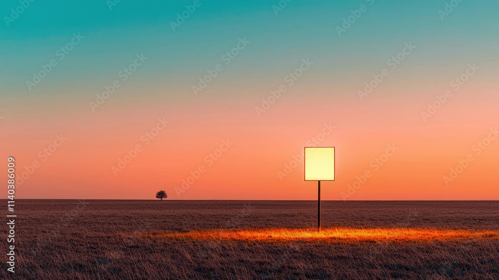 A serene landscape with a glowing blank sign against a colorful sunset sky. A serene landscape with a glowing blank sign against a colorful sunset sky.