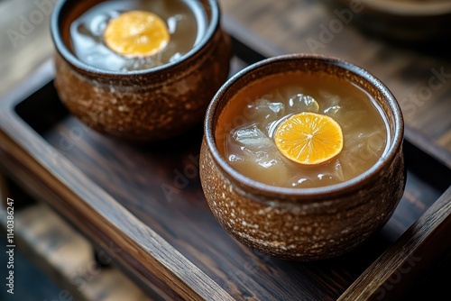 Top view of yuja or yuzu tea a Korean citrus beverage made with hot water and yuja marmalade photo