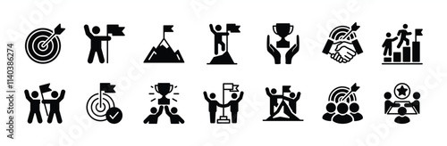 Goal icon set. Containing business target, arrow, dartboard, mountain peak, winner, achievement, teamwork, group people, cooperation, leadership, partnership, agreement, success. Vector illustration