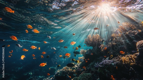 Fototapeta Naklejka Na Ścianę i Meble -  A beautiful underwater scene showcasing a variety of colorful fish swimming amongst coral reefs, illuminated by sunlight penetrating the ocean surface.
