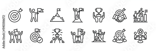 Business goal thin line icon vector set. Containing target, arrow, dartboard, mountain peak, winner, achievement, teamwork, group people, cooperation, leadership, partnership, agreement, success