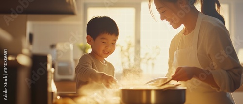 Cooking together asian family in a softly blurred kitchen light photo