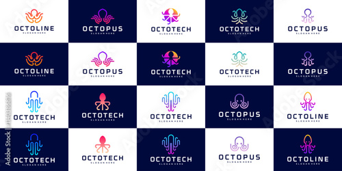 collection of technology logos with the concept of underwater animals, octopus, tentacles, graphic design illustration.