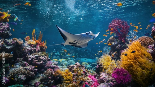 A graceful manta ray gliding through a vibrant coral reef teeming with colorful fish and coral formations in clear blue water. photo