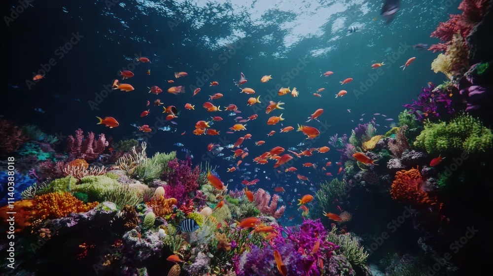 A stunning underwater scene showcasing a vibrant coral reef teeming with colorful tropical fish in various hues and shapes, promoting marine biodiversity. A stunning underwater scene showcasing a vibrant coral reef teeming with colorful tropical fish in various hues and shapes, promoting marine biodiversity.