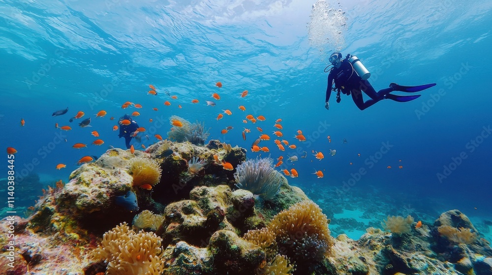 Fototapeta premium This stunning underwater image showcases divers exploring a vibrant coral reef teeming with colorful fish. A serene ocean backdrop adds to the beauty.