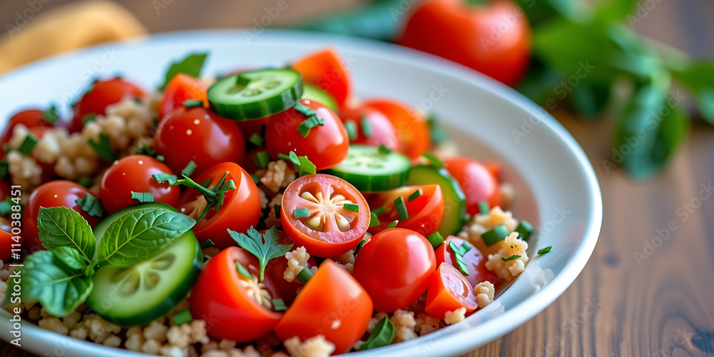 Tomato and Cucumber Tabbouleh - A refreshing tabbouleh salad with tomatoes cucumbers parsley and bulgur wheat. backdrop background digital art crisp oilpinting minimalist sharp details funny backgro Tomato and Cucumber Tabbouleh - A refreshing tabbouleh salad with tomatoes cucumbers parsley and bulgur wheat. backdrop background digital art crisp oilpinting minimalist sharp details funny backgro