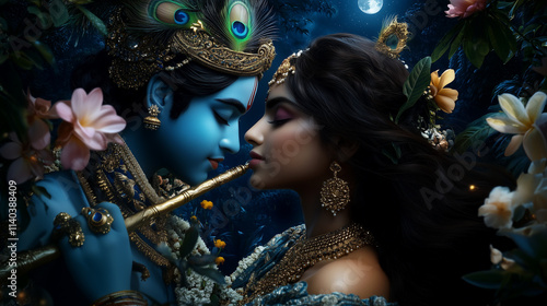 Lord Krishna and Radha Sharing Divine Love in a Peaceful Natural Setting at Night