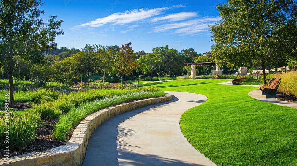 Fototapeta premium Winding through nature a relaxing scenic walk in a sunny park environment