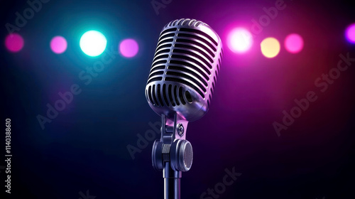 Vintage microphone against a colorful stage backdrop