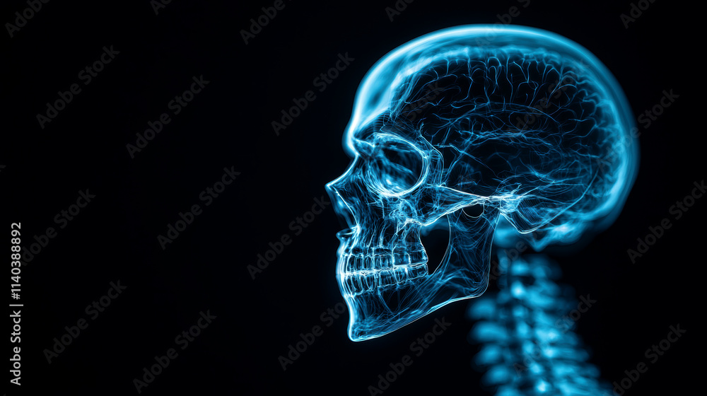 X-ray style illustration of a human skull and spine X-ray style illustration of a human skull and spine