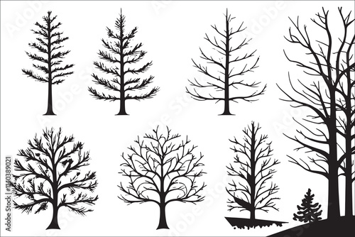 Various black tree silhouettes on white background.