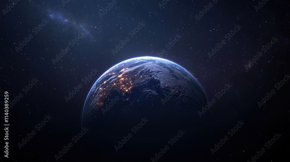 Obraz premium Earth illuminated by city lights against a starry backdrop