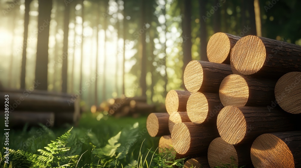 Sunlit logs stacked in a serene forest setting Sunlit logs stacked in a serene forest setting