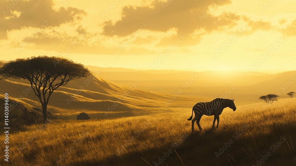 Majestic Zebra Grazing in Golden African Savannah at Sunset, Silhouetted Against Rolling Hills and Acacia Trees in Warm Natural Light Majestic Zebra Grazing in Golden African Savannah at Sunset, Silhouetted Against Rolling Hills and Acacia Trees in Warm Natural Light