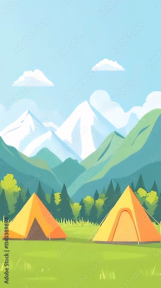 Two orange tents pitched in a mountain meadow. Two orange tents pitched in a mountain meadow.