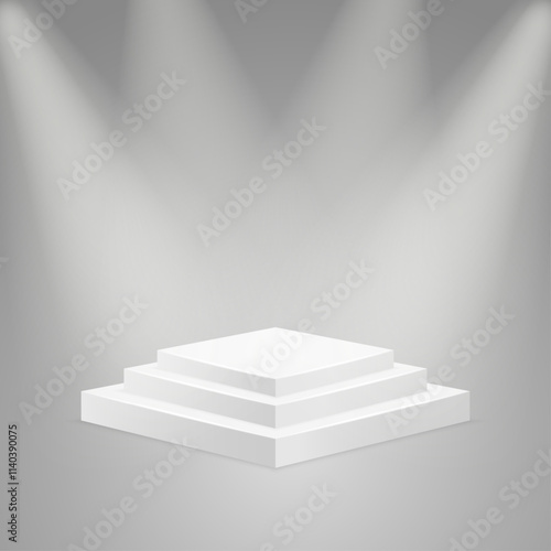 White pedestal with white stairs and lights on a grey background. White podium.