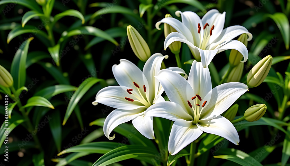 White Lily Serenity - White lilies symbolizing purity surrounded by calm greenery. background copyspace White Lily Serenity - White lilies symbolizing purity surrounded by calm greenery. background copyspace