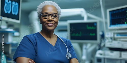 Portrait of a cardiac nurse standing in a cardiology clinic, smiling photo