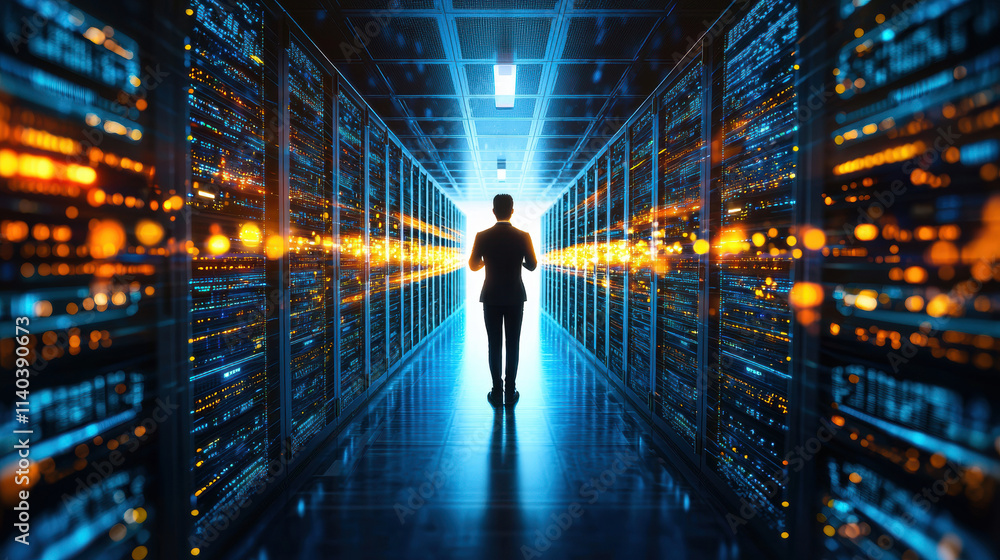 person stands in cyber command center, surrounded by glowing servers, creating futuristic atmosphere person stands in cyber command center, surrounded by glowing servers, creating futuristic atmosphere