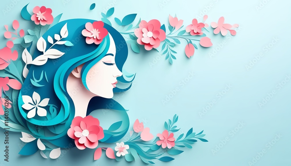 Obraz premium Elegant Paper Cut Design of a Face Surrounded by Flowers with Space for Text Celebrating International Women's Day. Created with generative AI technology