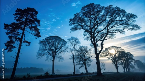 Beautiful landscape showing a row of tall trees with the sun rising behind them in a foggy morning, creating a peaceful and serene atmosphere photo