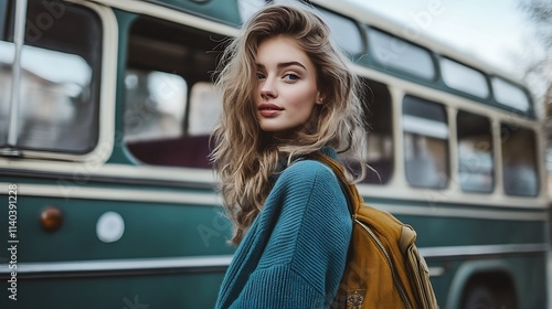 Female model standing in front of a vintage bus in the city, blending retro style with modern street fashion photo