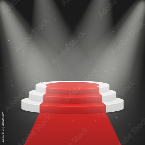 White podium with red carpet and lights on black background. White pedestal with red carpet.	