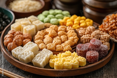 Traditional Korean desserts Yaksik Gangjeong puffed rice candy yugwa photo