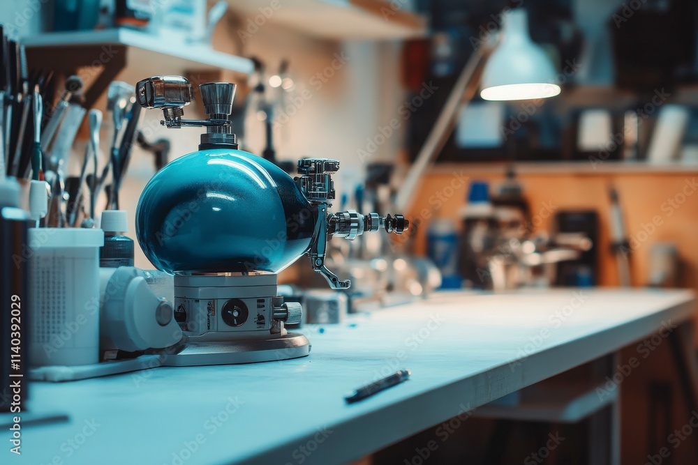 Innovative Laboratory Workspace Featuring a Blue Scientific Apparatus, Tools, and Equipment on a Clean Workbench in a Brightly Lit Environment Innovative Laboratory Workspace Featuring a Blue Scientific Apparatus, Tools, and Equipment on a Clean Workbench in a Brightly Lit Environment