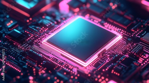 Quantum Computing Chip Illuminated with Vibrant Neon Lights,Symbolizing Advanced Technology