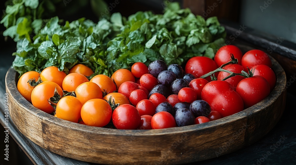 Colorful Tomatoes Grapes and Greens in Wooden Bowl Colorful Tomatoes Grapes and Greens in Wooden Bowl