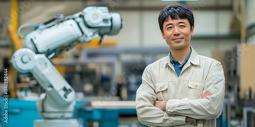 Japanese male engineer standing proudly in front of robot in industrial facility, tech portrait