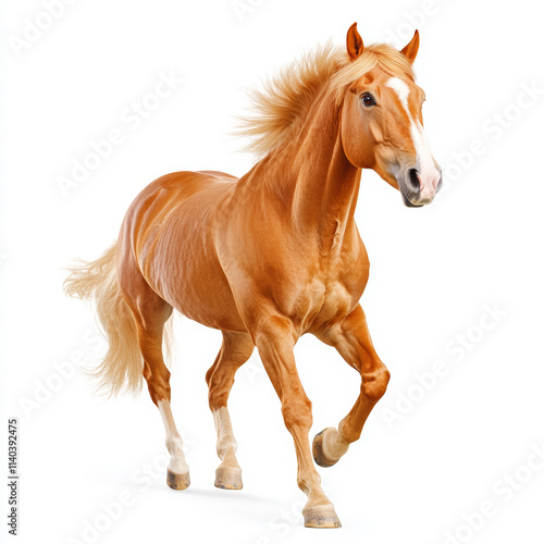 A beautiful golden horse gallops gracefully, showcasing its strength and elegance against a clean white background.