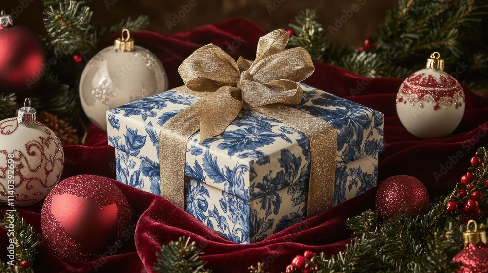 Elegant Christmas gift box with blue floral design and gold ribbon surrounded by ornaments on red velvet. Elegant Christmas gift box with blue floral design and gold ribbon surrounded by ornaments on red velvet.