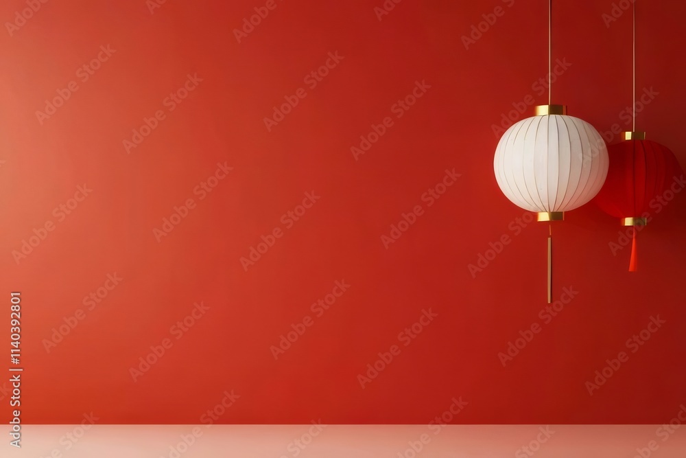 Red wall with white and red Chinese lanterns. Red wall with white and red Chinese lanterns.