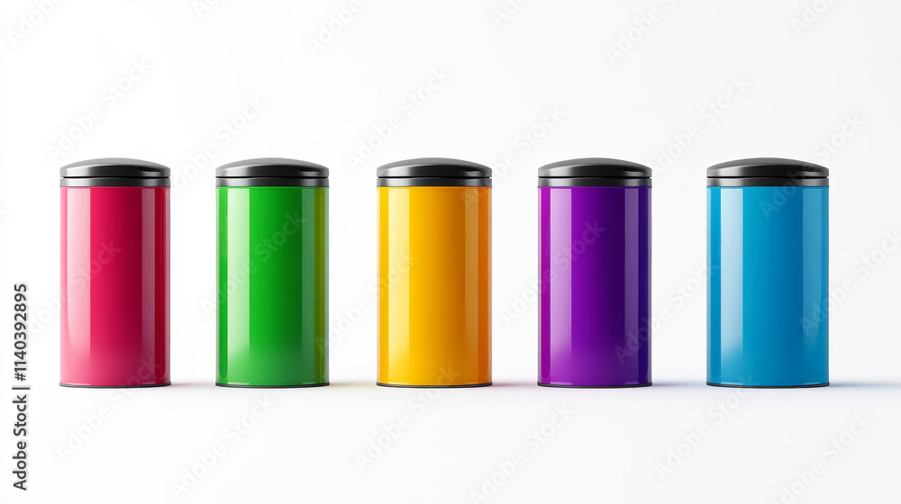 A vibrant set of five cylindrical trash cans in red, green, yellow, purple, and blue, showcasing a modern and colorful design in a minimalistic setting. A vibrant set of five cylindrical trash cans in red, green, yellow, purple, and blue, showcasing a modern and colorful design in a minimalistic setting.
