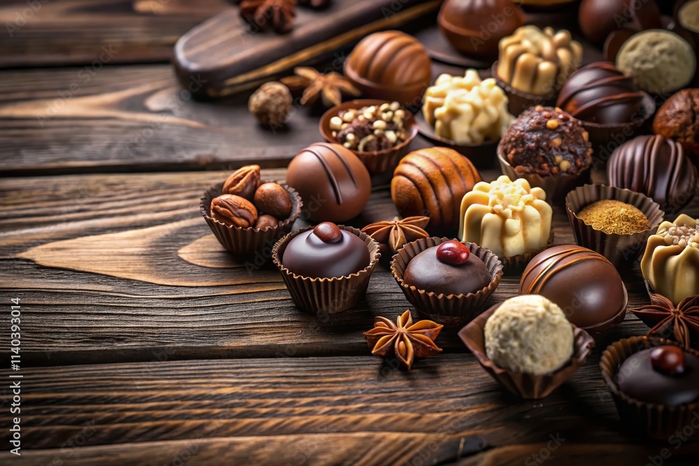 Festive Chocolate Sweets: Urban Exploration Photography, Holiday Treats, Pralines, Cookies, Nuts, Dark Wood Background Festive Chocolate Sweets: Urban Exploration Photography, Holiday Treats, Pralines, Cookies, Nuts, Dark Wood Background