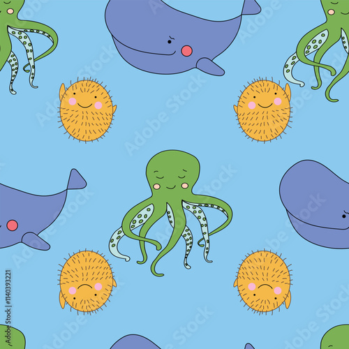 Vector Cute Marine Life Animals Seamless Pattern for kids room decor, textiles and wallpapers.