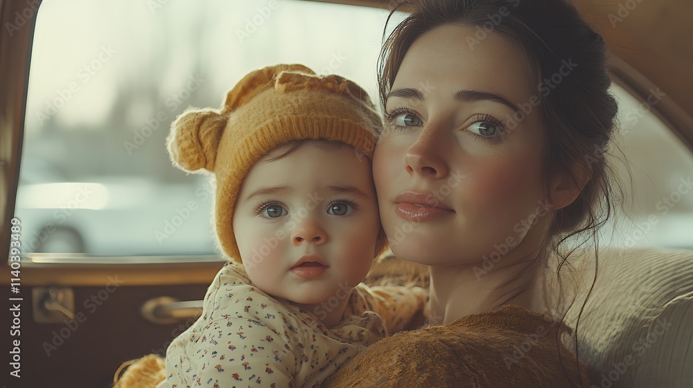 Obraz premium Mother and Baby Girl Share a Tender Moment Inside a Car
