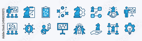 Set of successful business strategy icon. Containing teamwork, plan, workflow, idea, solution, presentation, management, connection, handshake, organization, online, cooperation. Vector illustration