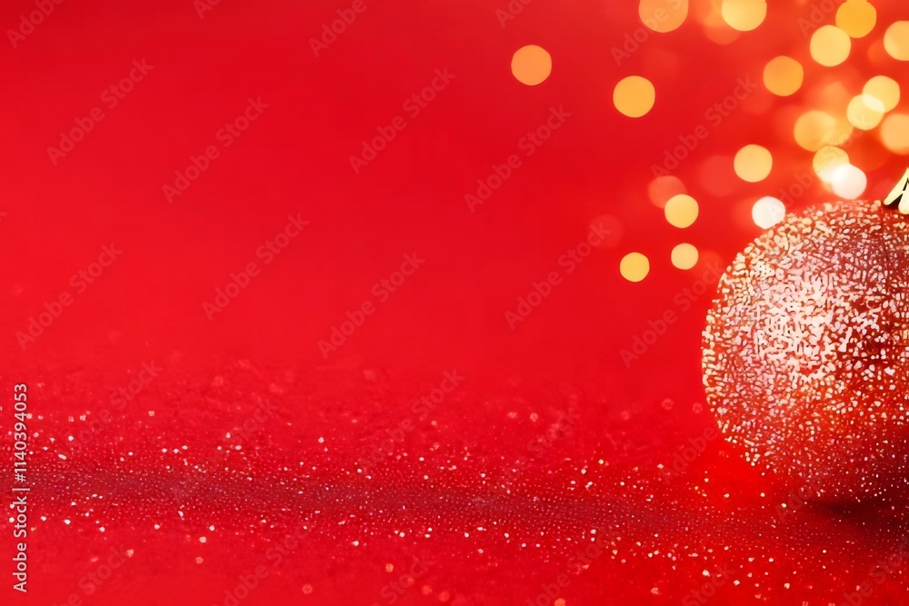 Red glitter background with a sparkly Christmas ball and bokeh lights. Red glitter background with a sparkly Christmas ball and bokeh lights.